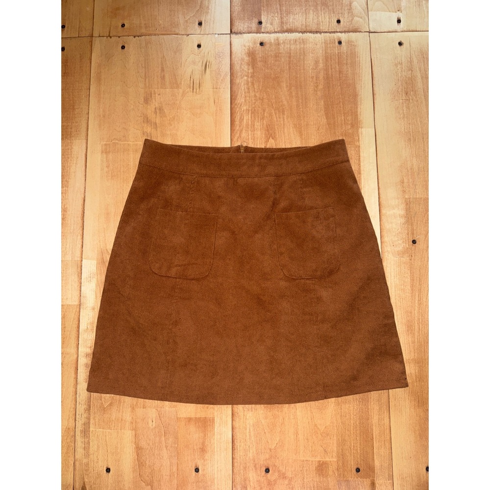 Cognac Brown Faux Suede Corduroy A-Line Mini Skirt Front Pockets‎ Size L